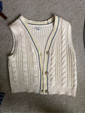 American Eagle Outfitters Cream Cable Knit Button Vest with Blue & Yellow Trim